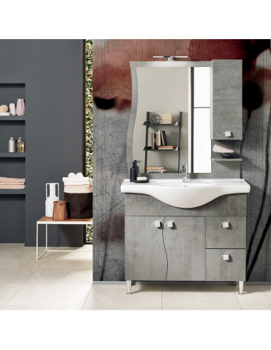 Mobile da Bagno a Terra  85 cm Cemento Chiaro Specchiera Applique e Lavabo Inclusi | Bluelife Onda Mobili a Terra