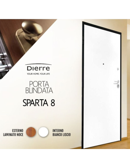 Porta Blindata Interno Bianco Liscio Esterno Noce L 90  x 210 cm  | Dierre Sparta 8 Dx Porte Blindate