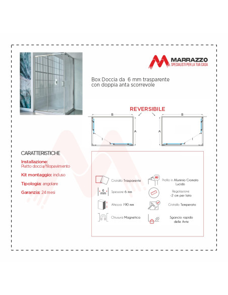 Box Doccia Angolare 2 lati Scorrevole 80x120 cm in Cristallo temperato 6 mm Trasparente 190h cm| New Vertigo Angolare