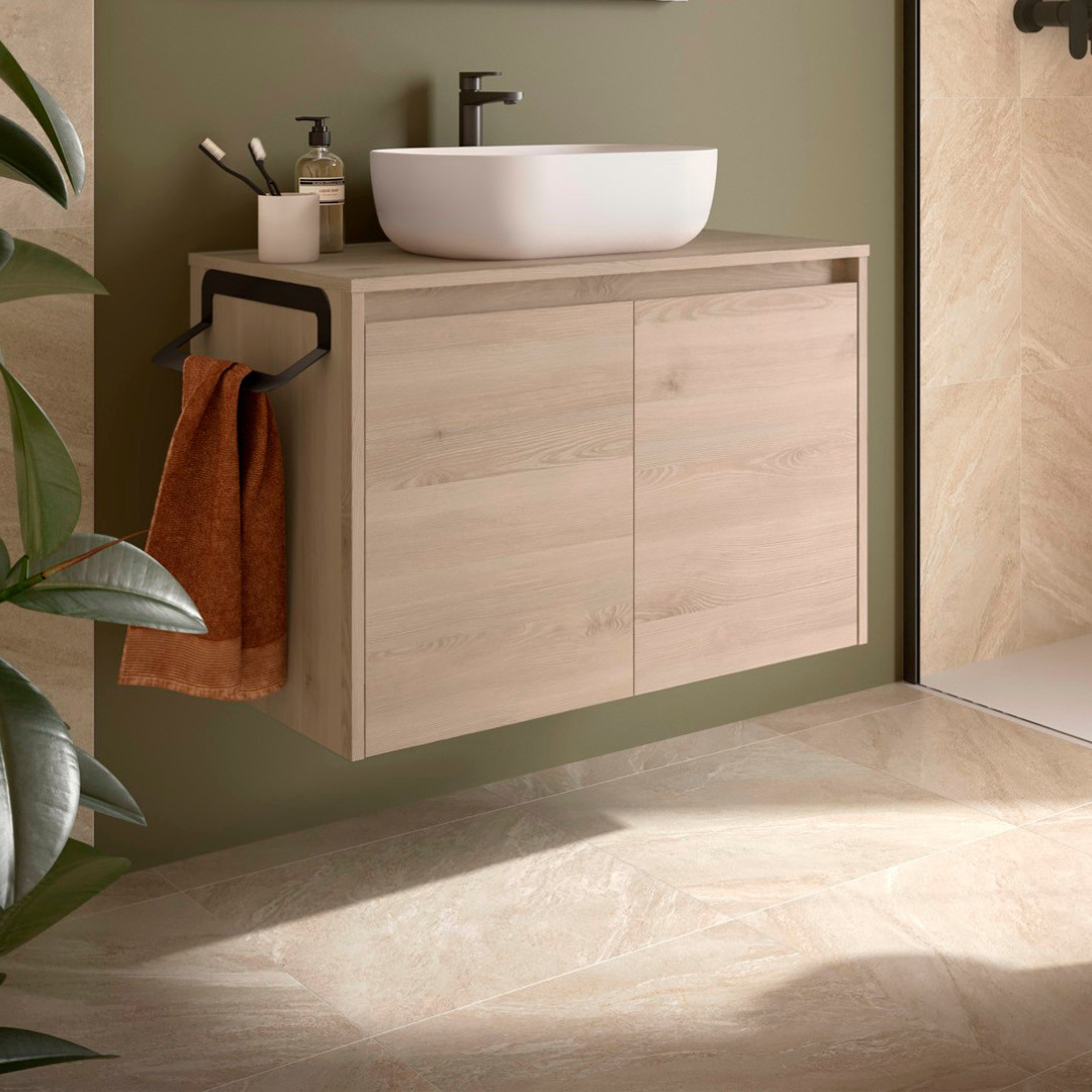 Mobile da Bagno Sospeso 80 cm Due Ante con Top Incluso Natural  | Salgar Noja