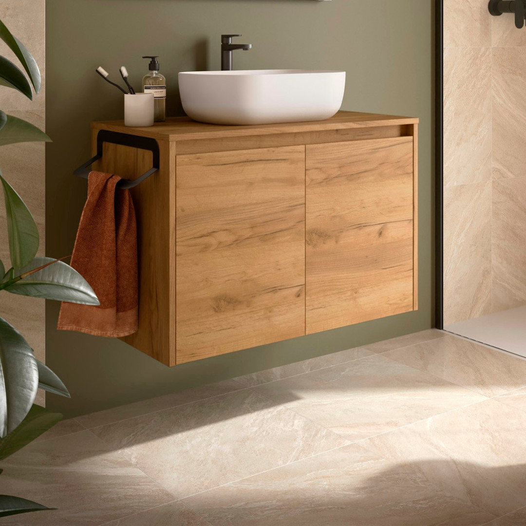 Mobile da Bagno Sospeso 80 cm Due Ante con Top Incluso Rovere Africa  | Salgar Noja