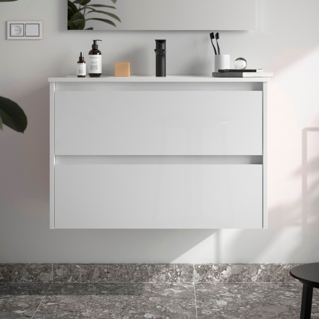 Mobile da Bagno Sospeso 80 cm Lavabo Incluso Bianco Lucido | Salgar Noja