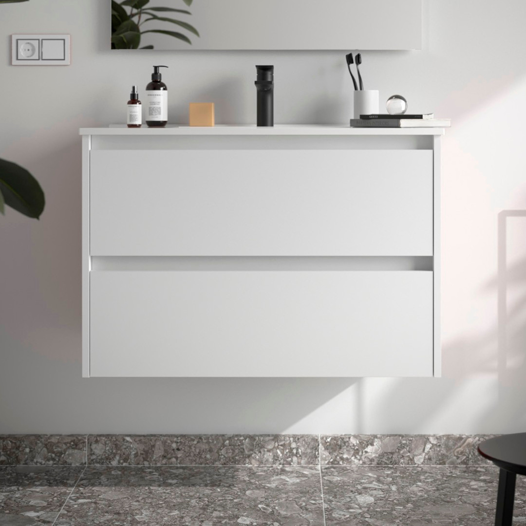 Mobile da Bagno Sospeso 80 cm Lavabo Incluso Bianco Opaco | Salgar Noja