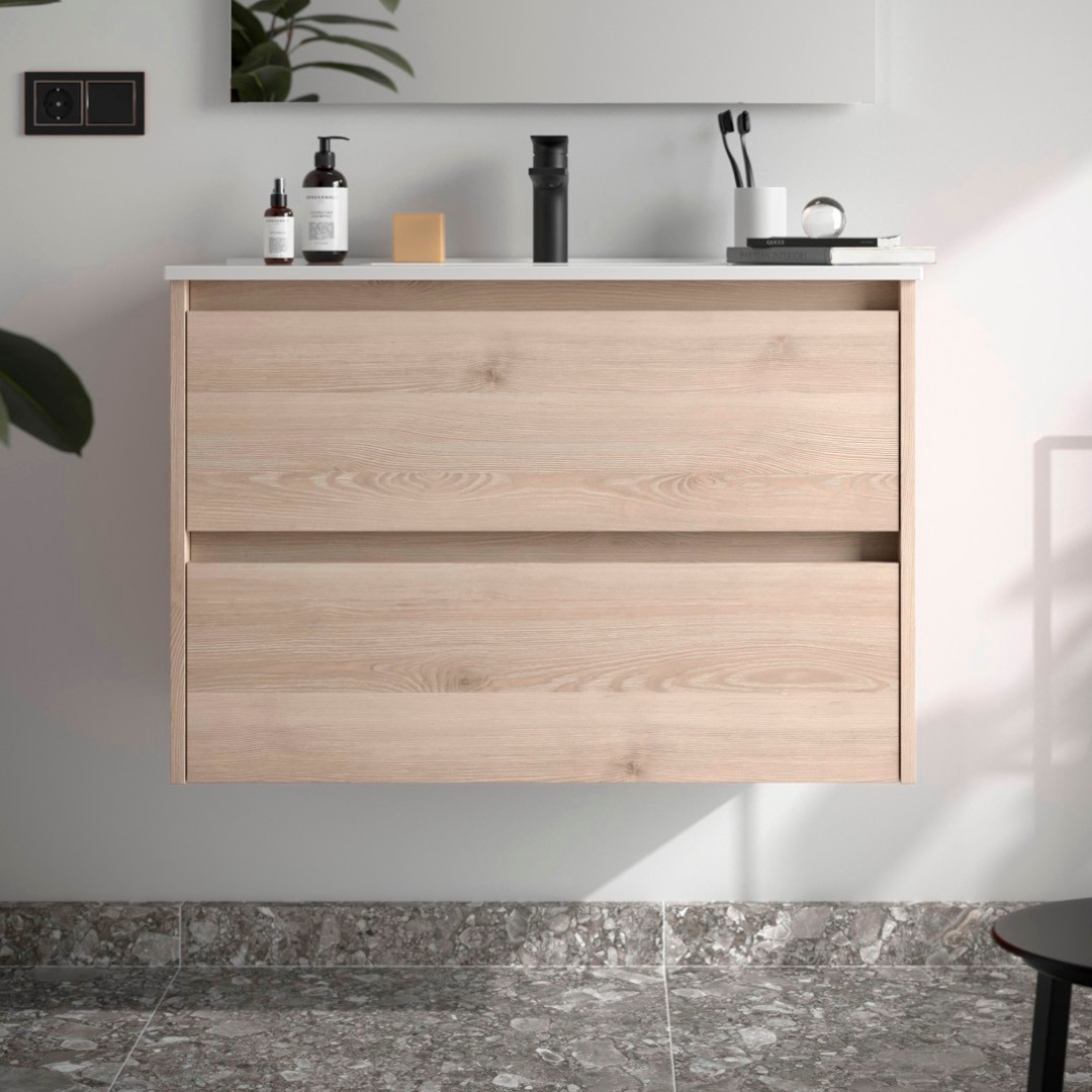 Mobile da Bagno Sospeso 80 cm Lavabo Incluso Natural | Salgar Noja