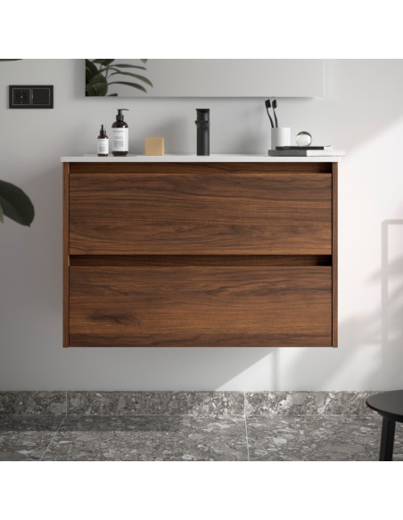 Mobile da Bagno Sospeso 80 cm Lavabo Incluso Noce Maya | Salgar Noja Mobili Sospesi