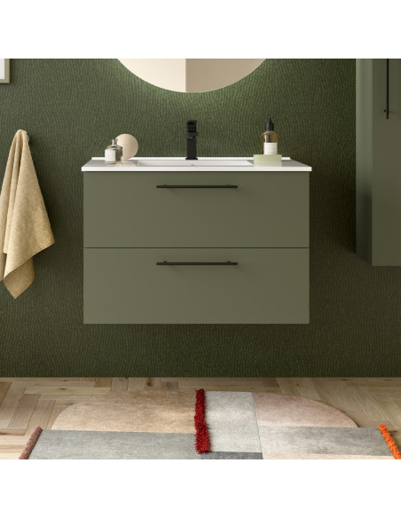 Mobile da Bagno Sospeso 80 cm con Maniglia Anodizzata Nero Opaco Lavabo Incluso Verde Satinato | Salgar Silane Mobili Sospesi