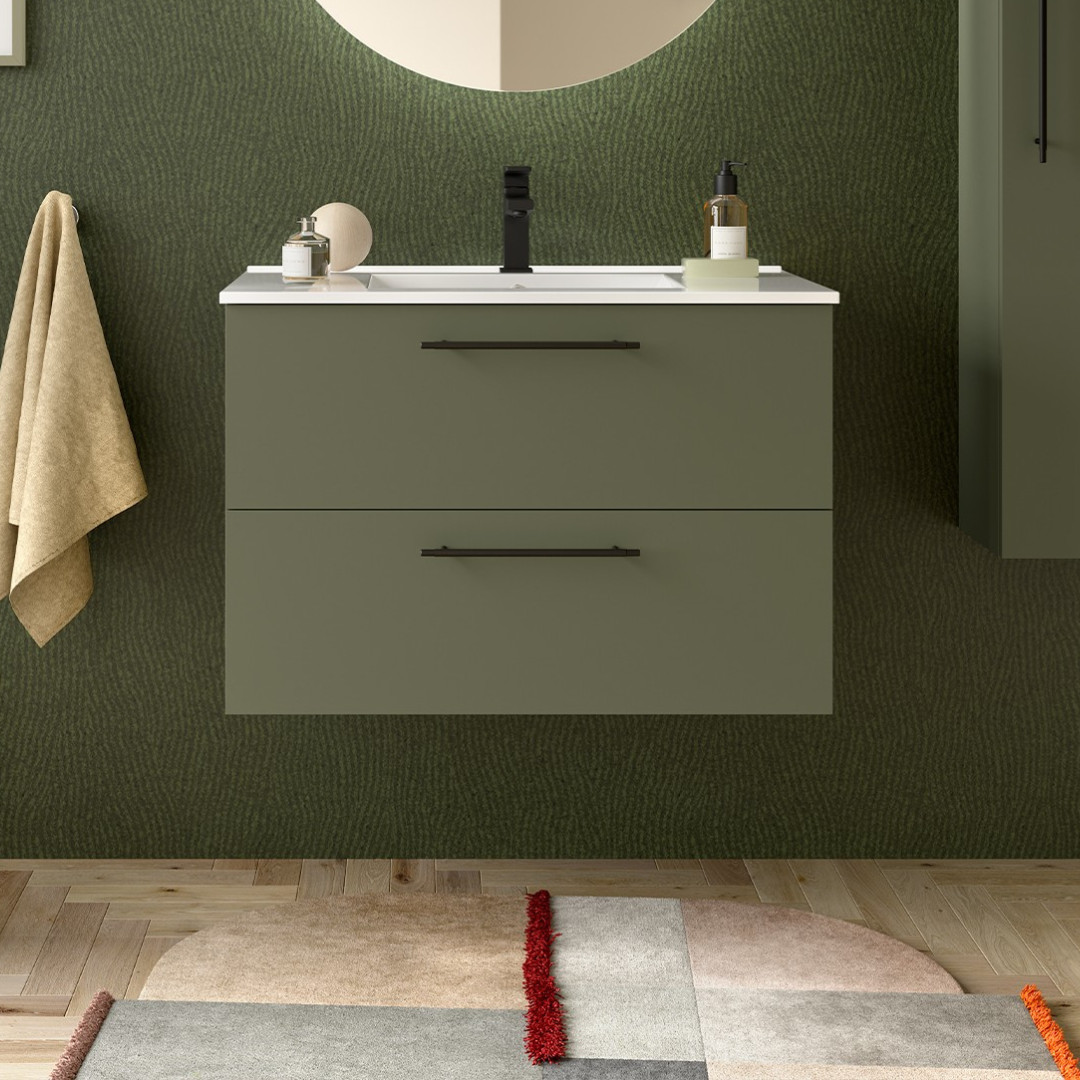 Mobile da Bagno Sospeso 80 cm con Maniglia Anodizzata Nero Opaco Lavabo Incluso Verde Satinato | Salgar Silane