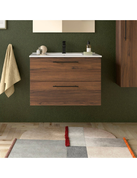 Mobile da Bagno Sospeso 80 cm con Maniglia Anodizzata Nero Opaco Lavabo Incluso Noce Maya | Salgar Silane Mobili Sospesi