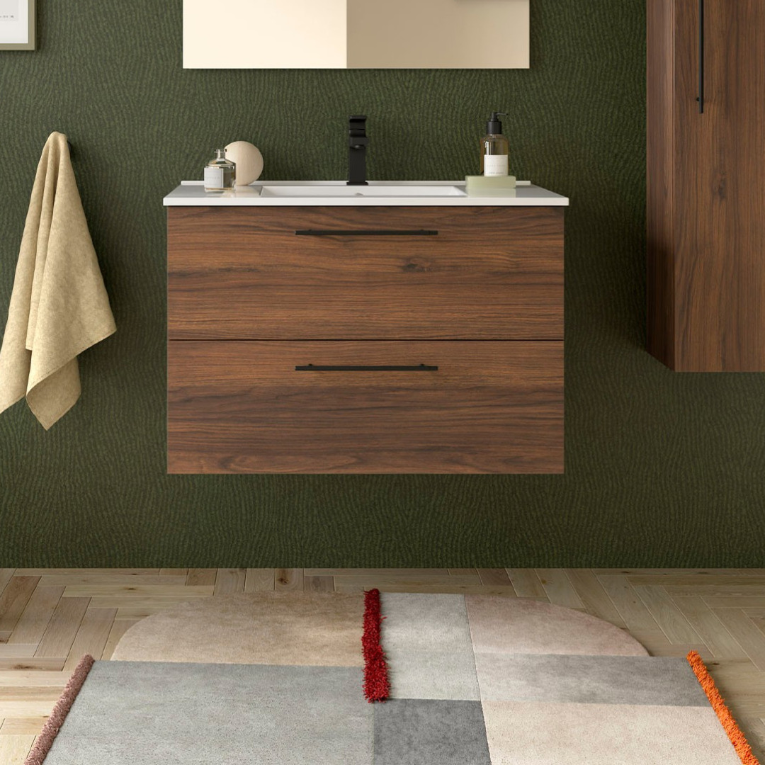 Mobile da Bagno Sospeso 80 cm con Maniglia Anodizzata Nero Opaco Lavabo Incluso Noce Maya | Salgar Silane
