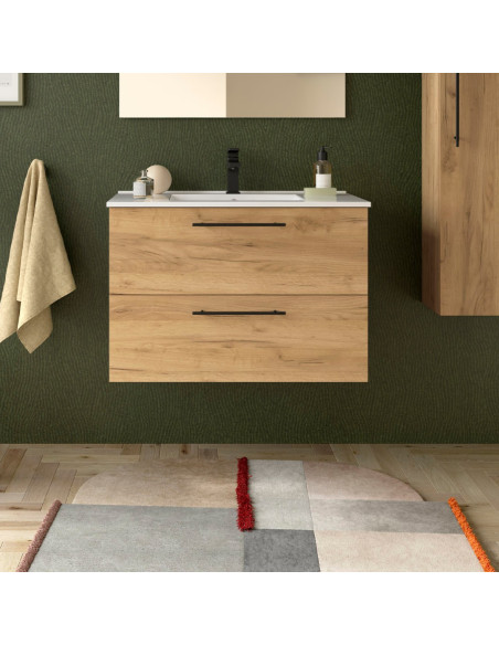 Mobile da Bagno Sospeso 80 cm con Maniglia Anodizzata Nero Opaco Lavabo Incluso Rovere Africa | Salgar Silane Mobili Sospesi