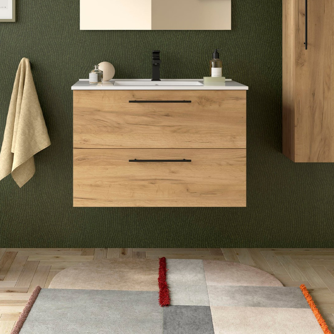 Mobile da Bagno Sospeso 80 cm con Maniglia Anodizzata Nero Opaco Lavabo Incluso Rovere Africa | Salgar Silane