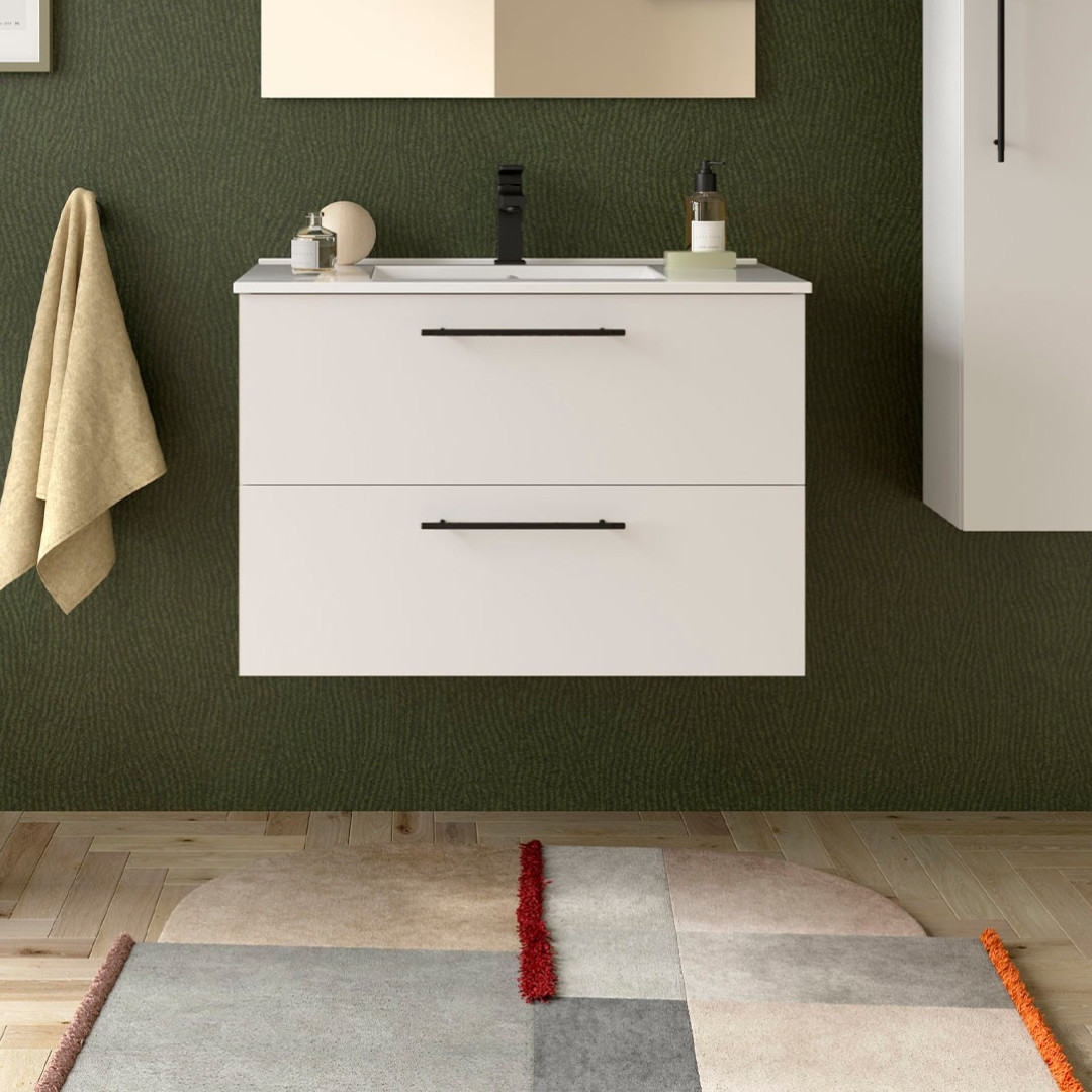 Mobile da Bagno Sospeso 80 cm con Maniglia Anodizzata Nero Opaco Lavabo Incluso Bianco Opaco | Salgar Silane