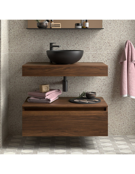 Mobile da Bagno Sospeso 80 cm con Top e Cassettone Noce Maya | Salgar Domus Mobili Sospesi