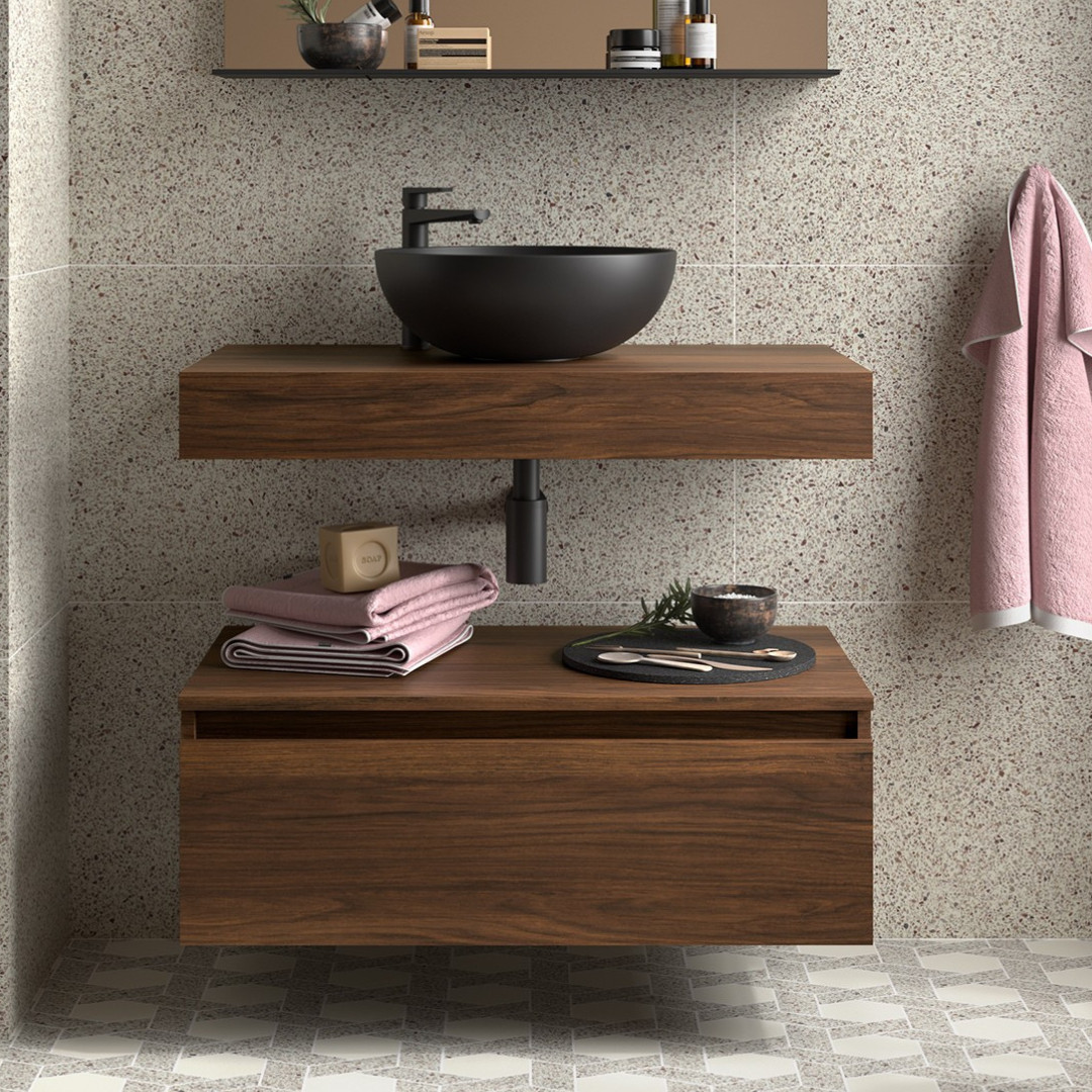 Mobile da Bagno Sospeso 80 cm con Top e Cassettone Noce Maya | Salgar Domus