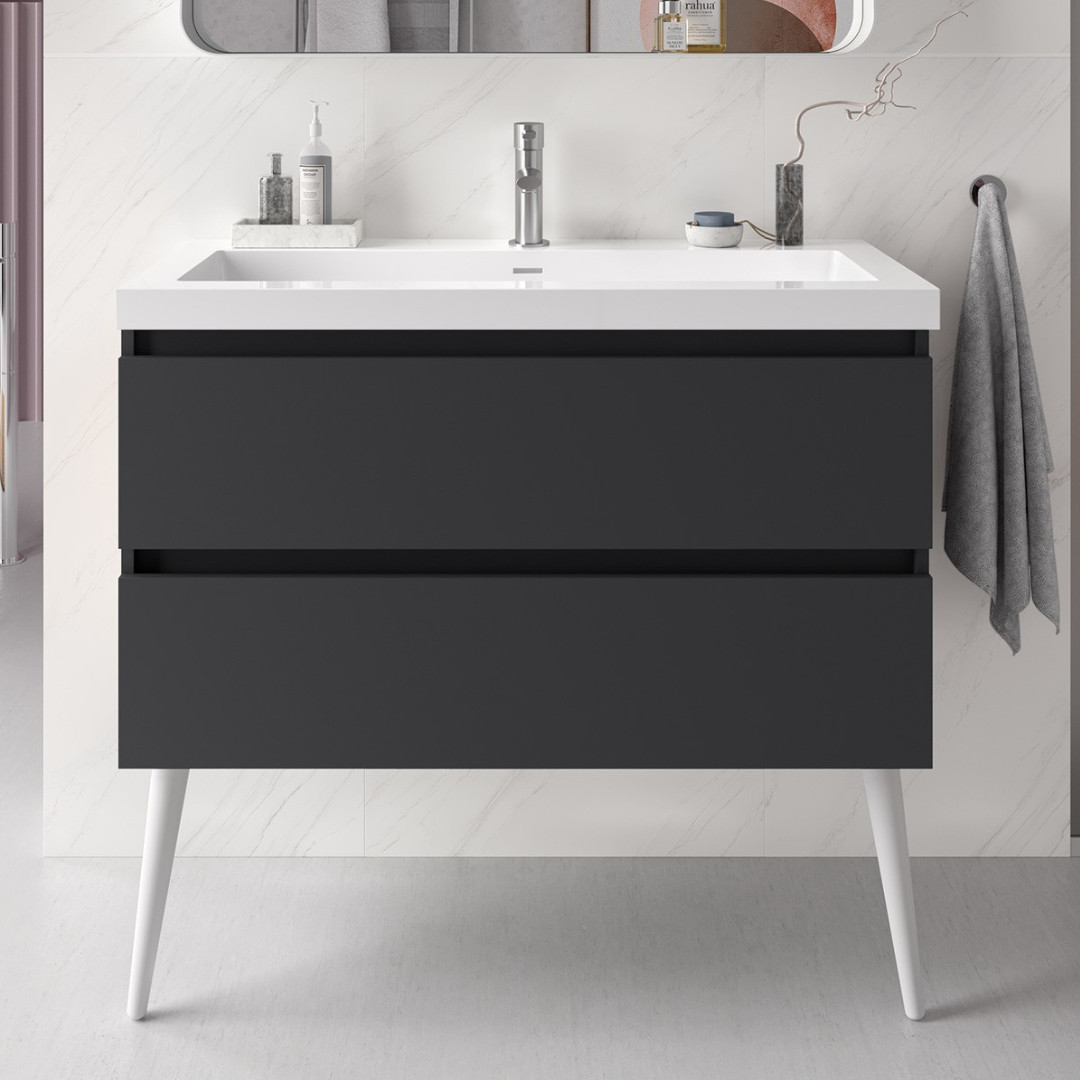 Mobile da Bagno Sospeso 80 cm con Piede Bianco Lavabo Incluso Antracite | Salgar Spirit