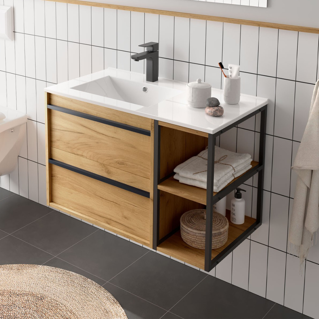 Mobile da Bagno Sospeso 85 cm con Vano Aperto e Lavabo Incluso Rovere Africa | Salgar Attila