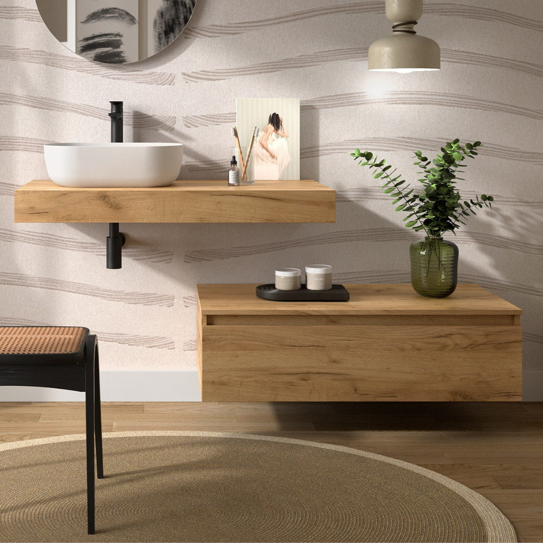 Mobile da Bagno Sospeso 100 cm con Top e Cassettone Rovere Africa | Salgar Domus