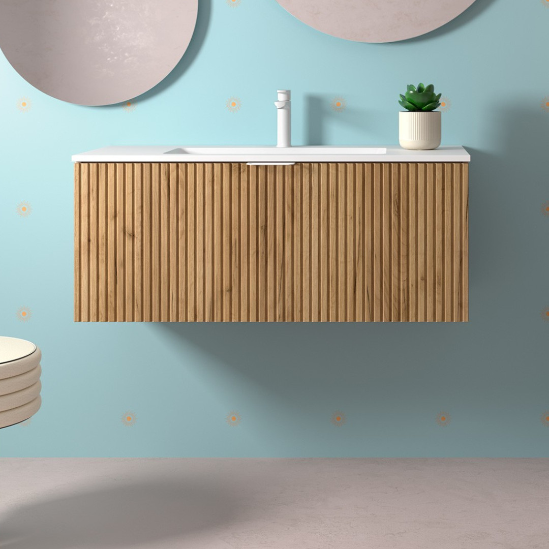 Mobile da Bagno Sospeso Cannettato 100 cm Lavabo Incluso Rovere Africa | Salgar Biba