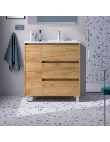 Mobile da Bagno a Terra 85 cm con Anta e Tre Cassetti Lavabo Incluso Rovere Africa | Salgar Noja Mobili a Terra