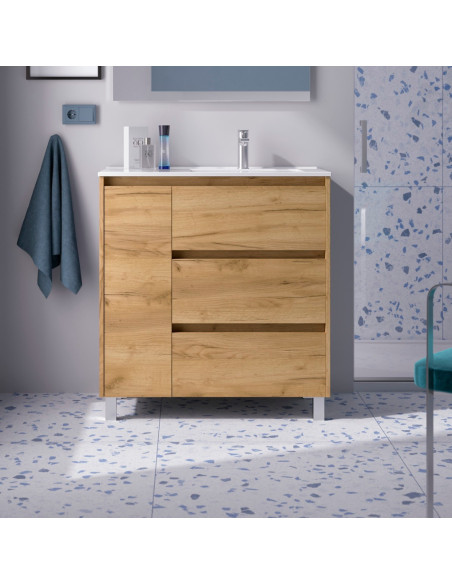 Mobile da Bagno a Terra 85 cm con Anta e Tre Cassetti Lavabo Incluso Rovere Africa | Salgar Noja Mobili a Terra