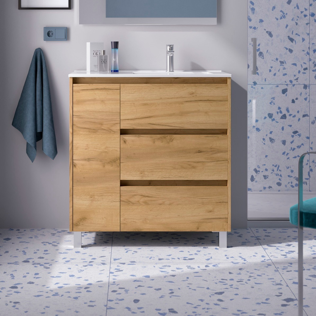 Mobile da Bagno a Terra 85 cm con Anta e Tre Cassetti Lavabo Incluso Rovere Africa | Salgar Noja