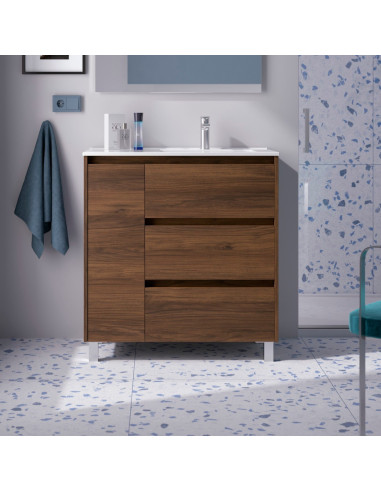 Mobile da Bagno a Terra 85 cm con Anta e Tre Cassetti Lavabo Incluso Noce Maya | Salgar Noja Mobili a Terra