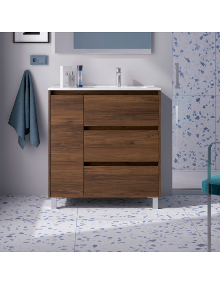 Mobile da Bagno a Terra 85 cm con Anta e Tre Cassetti Lavabo Incluso Noce Maya | Salgar Noja Mobili a Terra