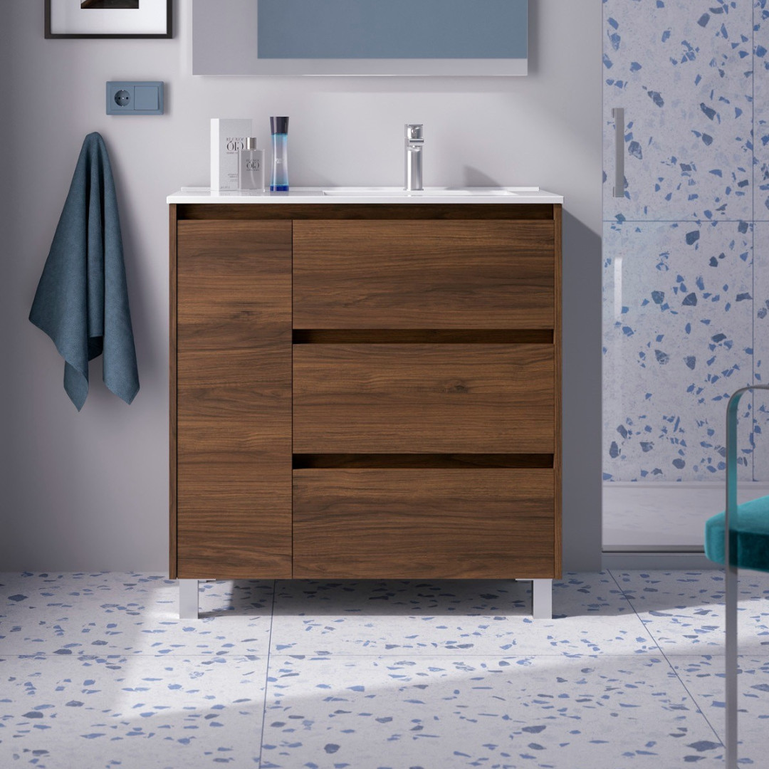 Mobile da Bagno a Terra 85 cm con Anta e Tre Cassetti Lavabo Incluso Noce Maya | Salgar Noja