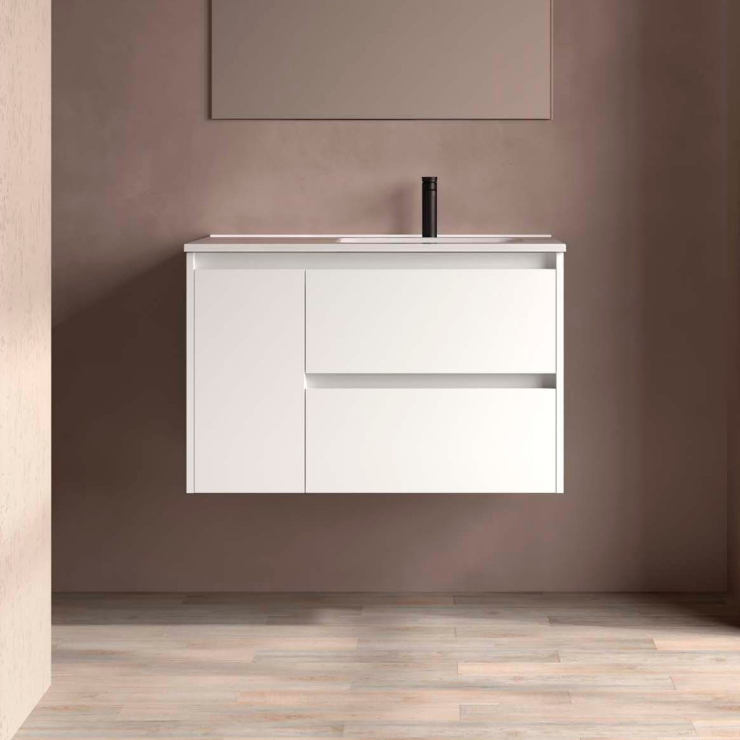 Mobile da Bagno Sospeso 90 cm con Anta Lavabo Incluso Bianco Opaco | Salgar Noja
