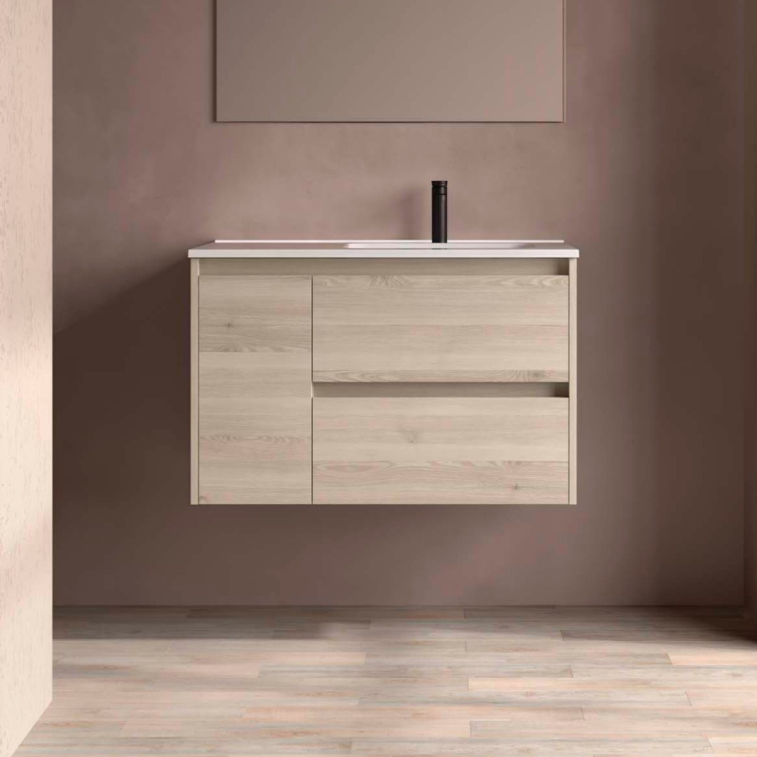 Mobile da Bagno Sospeso 90 cm con Anta Lavabo Incluso Natural | Salgar Noja