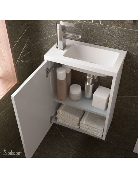 Mobile Bagno Sospeso 40 cm Lavabo e Specchio Inclusi Bianco Lucido | Salgar Micro Mobili Sospesi
