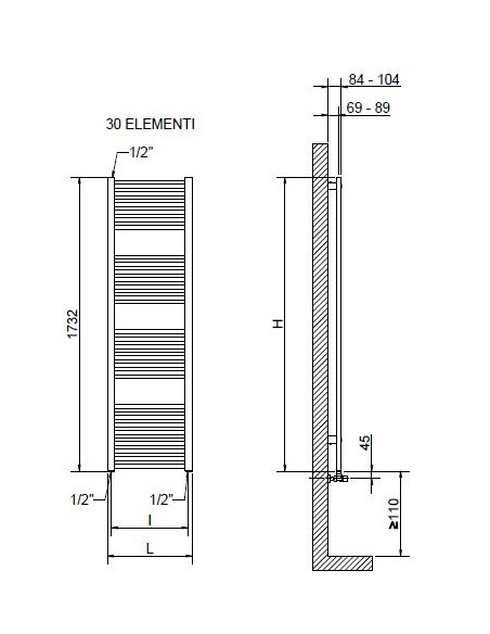 Termoarredo Idraulico Bianco 180x55 Interasse 50 cm | Cordivari Lisa 22 Termoarredo