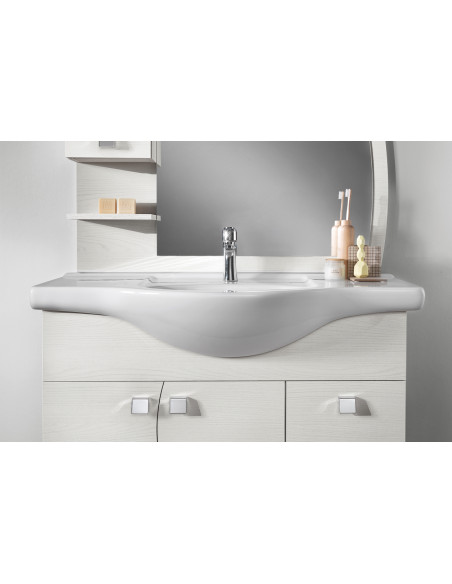 Mobile da Bagno a Terra 85 cm Bianco Nordico Specchiera Applique e Lavabo Inclusi | Bluelife Onda Mobili a Terra