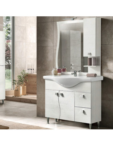 Mobile da Bagno a Terra 85 cm Bianco Nordico Specchiera Applique e Lavabo Inclusi | Bluelife Onda Mobili a Terra