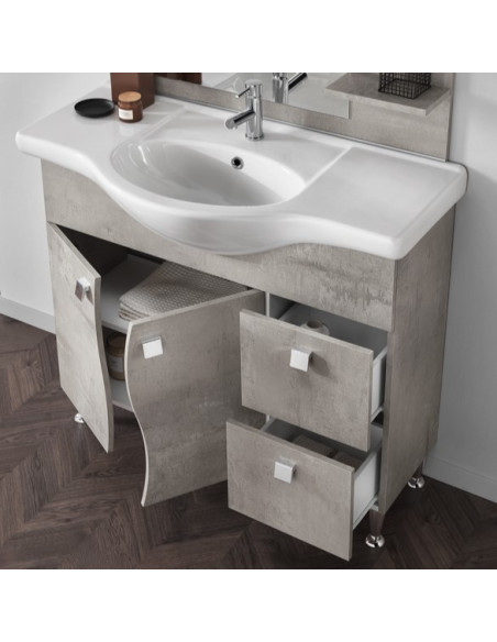 Mobile da Bagno a Terra  85 cm Cemento Chiaro Specchiera Applique e Lavabo Inclusi | Bluelife Onda Mobili a Terra