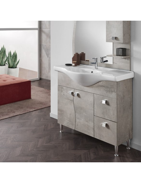 Mobile da Bagno a Terra  85 cm Cemento Chiaro Specchiera Applique e Lavabo Inclusi | Bluelife Onda Mobili a Terra