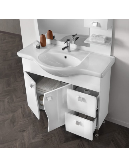 Mobile da Bagno a Terra 85 cm Bianco Lucido Specchiera Applique e Lavabo Inclusi | Bluelife Onda Mobili a Terra