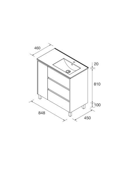 Mobile da Bagno a Terra 85 cm con Anta e Tre Cassetti Lavabo Incluso Noce Maya | Salgar Noja Mobili a Terra