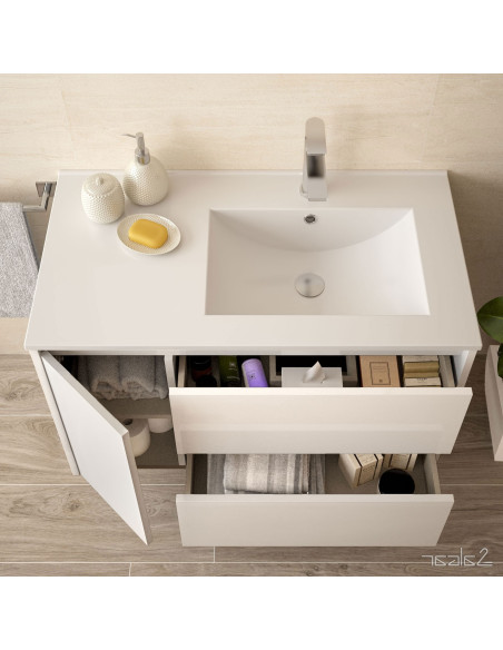 Mobile da Bagno a Terra 85 cm con Anta e Tre Cassetti Lavabo Incluso Noce Maya | Salgar Noja Mobili a Terra