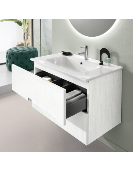 Mobile da Bagno Sospeso 100 cm Cannettato Lavabo e Specchio Applique Inclusi Larice Bianco | Bluelife Righe Mobili Sospesi
