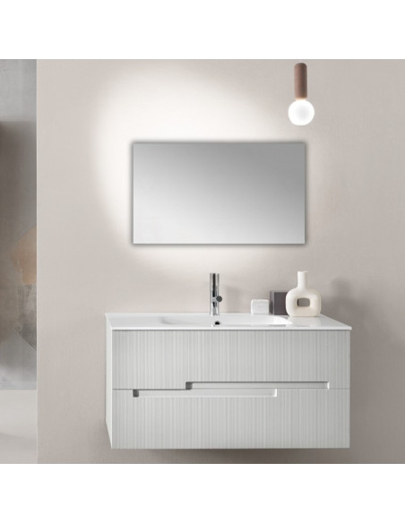 Mobile da Bagno Sospeso 100 cm Cannettato Lavabo e Specchio Applique Inclusi Grigio Perla | Bluelife Righe Mobili Sospesi