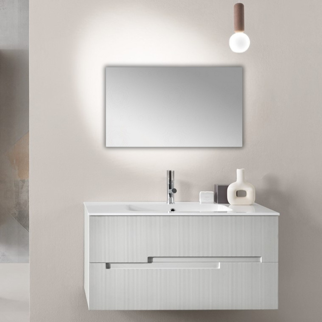 Mobile da Bagno Sospeso 100 cm Cannettato Lavabo e Specchio Applique Inclusi Grigio Perla | Bluelife Righe