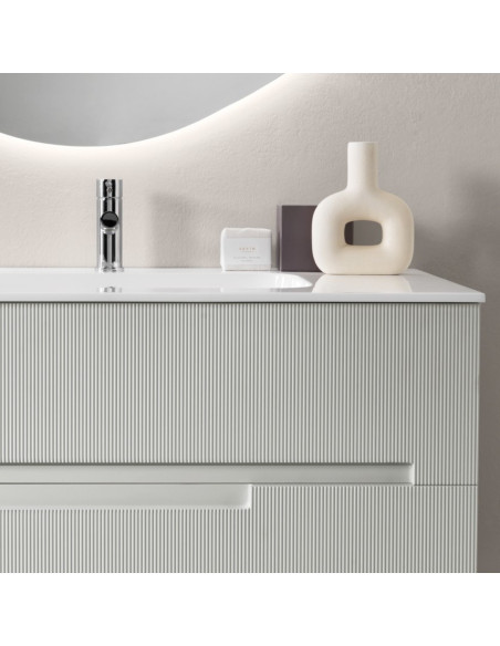 Mobile da Bagno Sospeso 100 cm Cannettato Lavabo e Specchio Applique Inclusi Grigio Perla | Bluelife Righe Mobili Sospesi