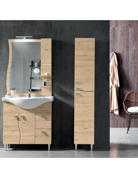 Mobile da Bagno a Terra 85 cm Quercia Naturale Specchiera Applique e Lavabo Incluso | Bluelife Onda Mobili a Terra