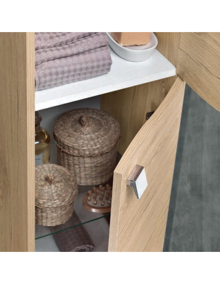 Mobile da Bagno a Terra 85 cm Quercia Naturale Specchiera Applique e Lavabo Incluso | Bluelife Onda Mobili a Terra