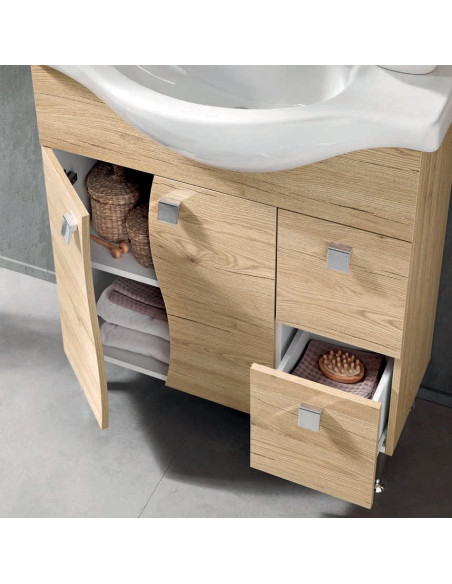 Mobile da Bagno a Terra 85 cm Quercia Naturale Specchiera Applique e Lavabo Incluso | Bluelife Onda Mobili a Terra
