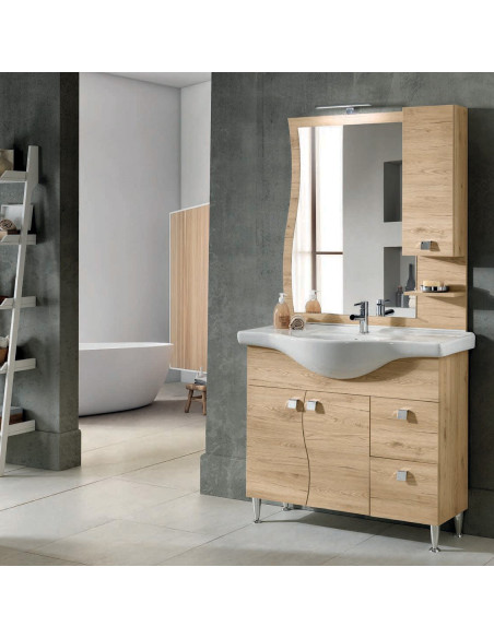 Mobile da Bagno a Terra 85 cm Quercia Naturale Specchiera Applique e Lavabo Incluso | Bluelife Onda Mobili a Terra