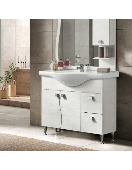 Mobile da Bagno a Terra 85 cm Bianco Nordico Specchiera Applique e Lavabo Inclusi | Bluelife Onda Mobili a Terra