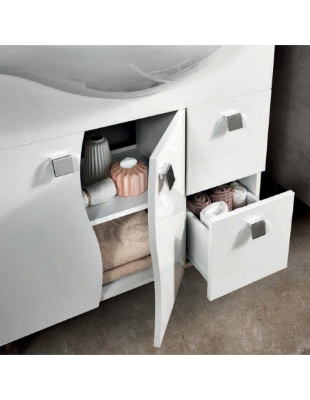 Mobile da Bagno a Terra 85 cm Bianco Lucido Specchiera Applique e Lavabo Inclusi | Bluelife Onda Mobili a Terra