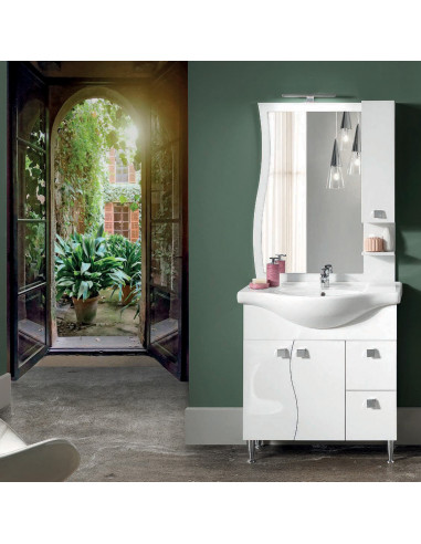 Mobile da Bagno a Terra 85 cm Bianco Lucido Specchiera Applique e Lavabo Inclusi | Bluelife Onda Mobili a Terra